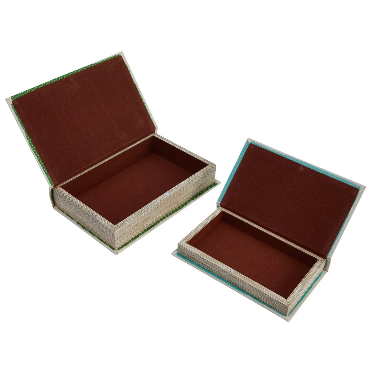 Open view of the set of two canvas book storage boxes.