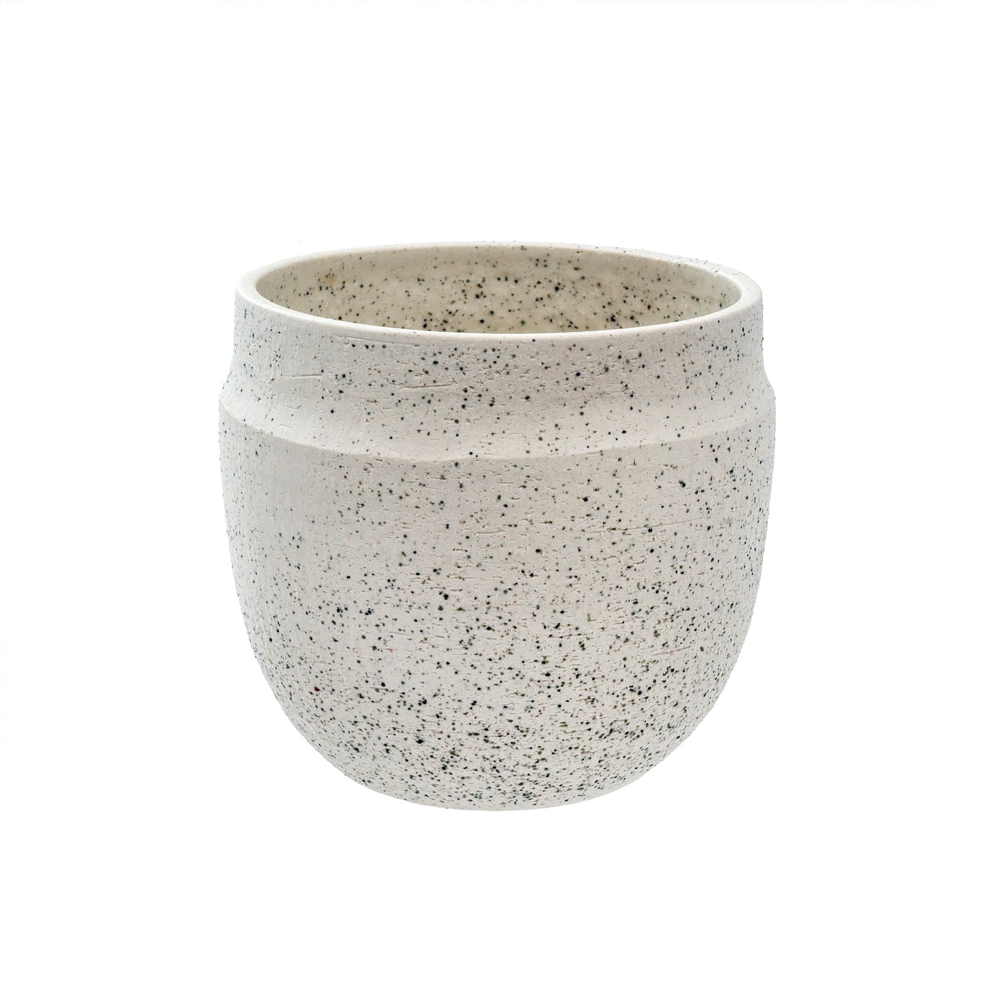 Classic white ceramic planter pot with speckled blue and green color throughout.