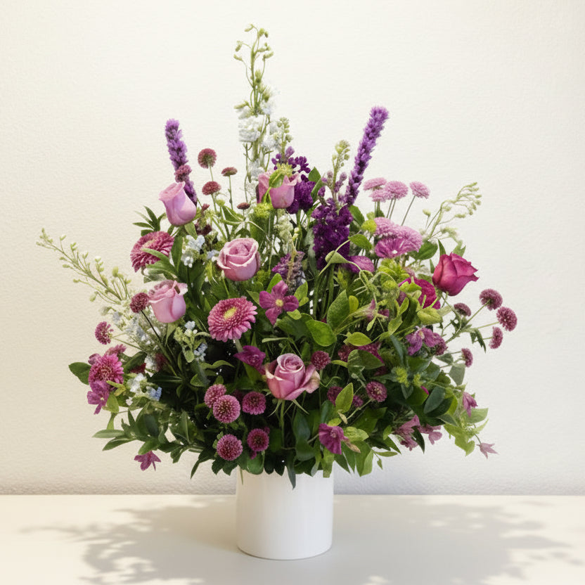 Bouquet of pink and purple flowers in a white vase on a light background