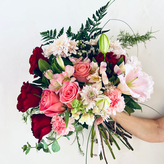 Valentine's Hand-Tied Bouquet - Reds and Pinks