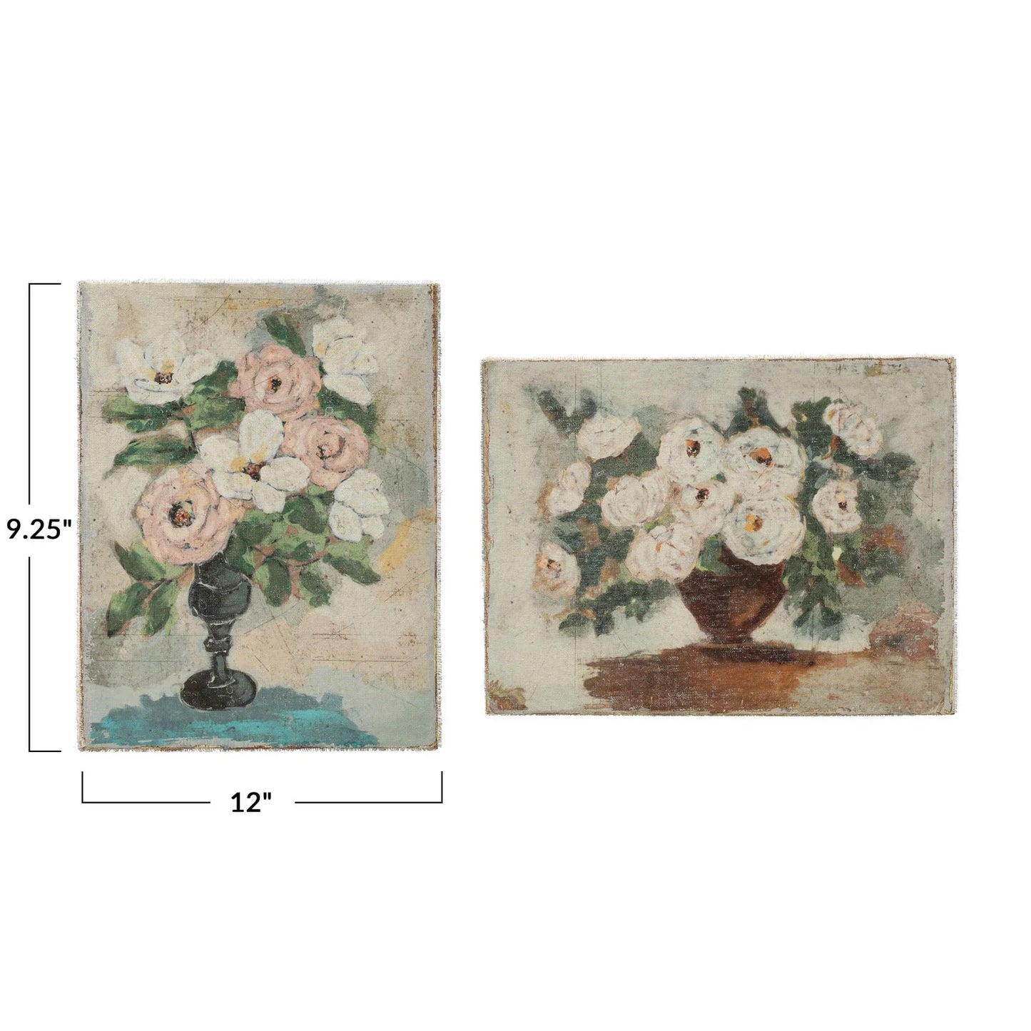 Measurements of the canvas wall decor with flowers in vase.